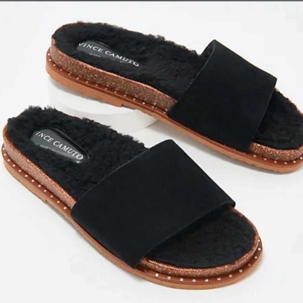 New Vince Camuto Women's Kanadial Slide Sandal Suede Faux Fur Black Comfy NIB - Picture 8 of 8